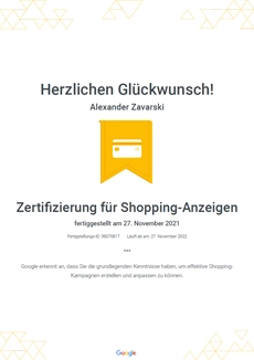 Сертификат по товарной рекламе Google Shopping 2021